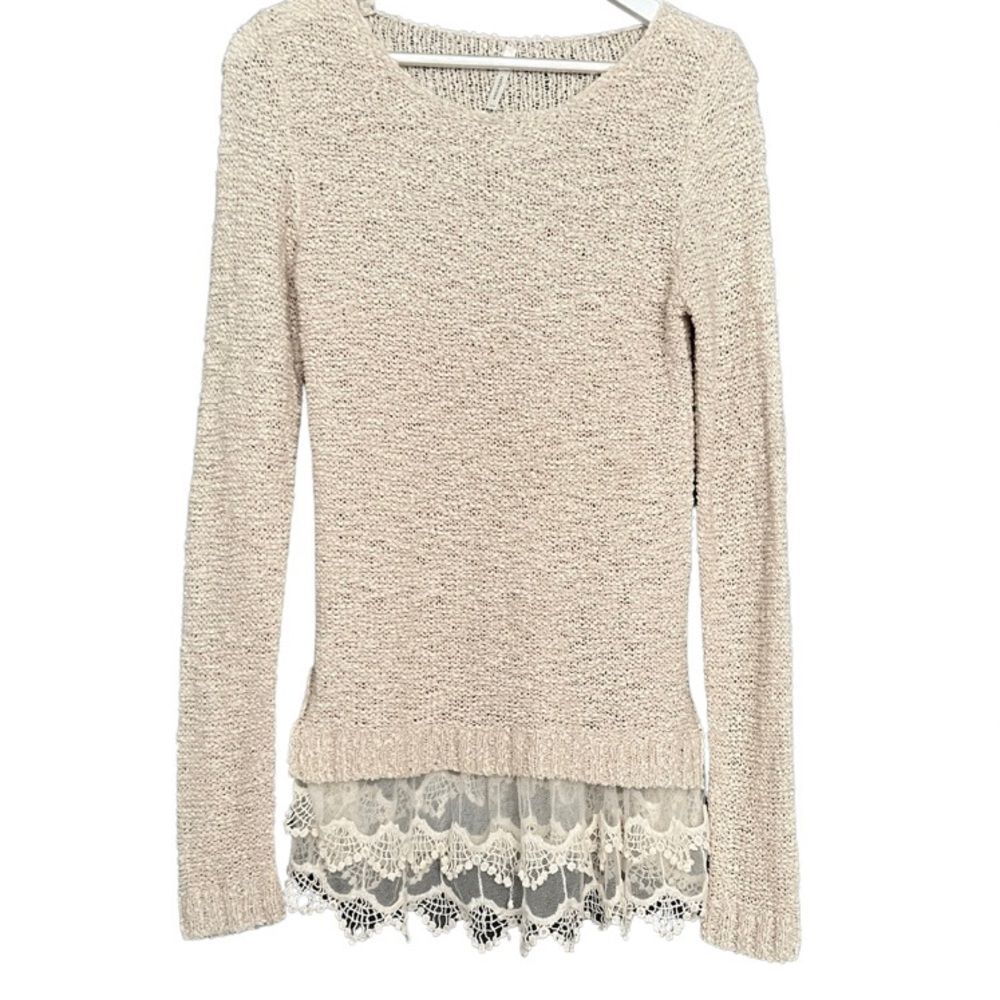 Kate Collection Tight Knit Lightweight Oatmeal Lace & Crochet  Sweater Size S/M